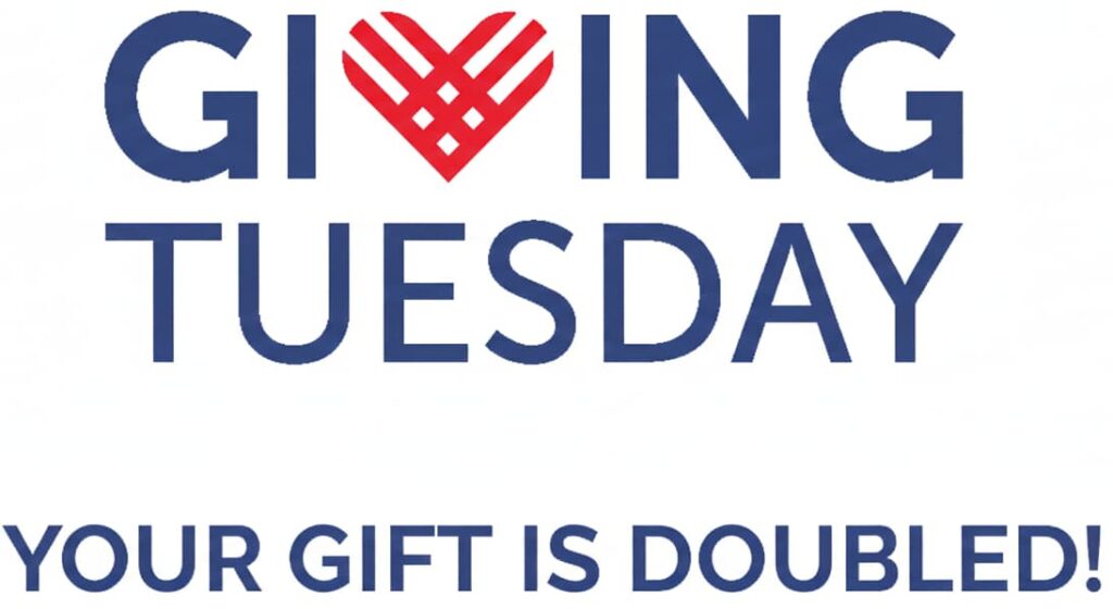 Giving Tuesday logo with red heart and blue text, highlighting doubled donations for greater impact.