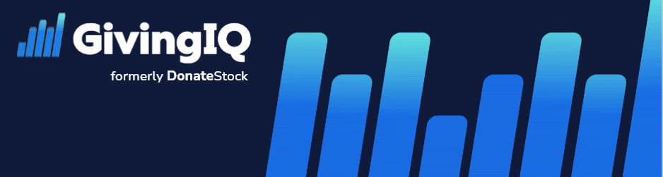 Logo for GivingIQ, formerly DonateStock, featuring the text "GivingIQ" and "formerly DonateStock" with a graphic of blue rising bars against a dark blue background.