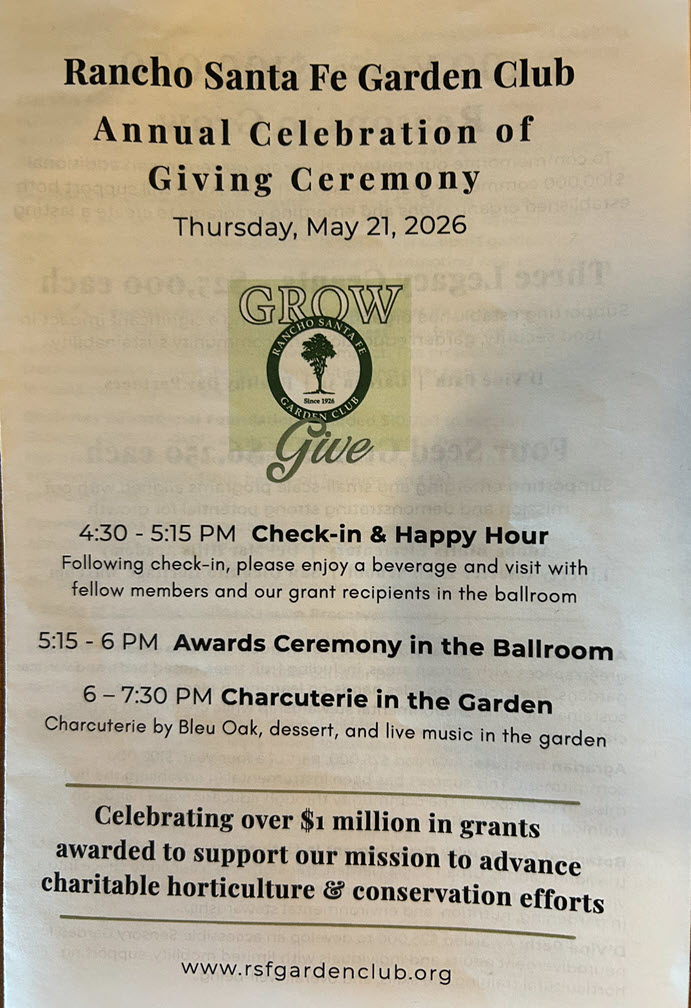 Flyer for the Rancho Santa Fe Garden Club’s Annual Celebration of Giving on May 21, 2026, featuring event schedule details, the GROW Give logo, and a note that over $1 million has been awarded to support horticulture and conservation initiatives.